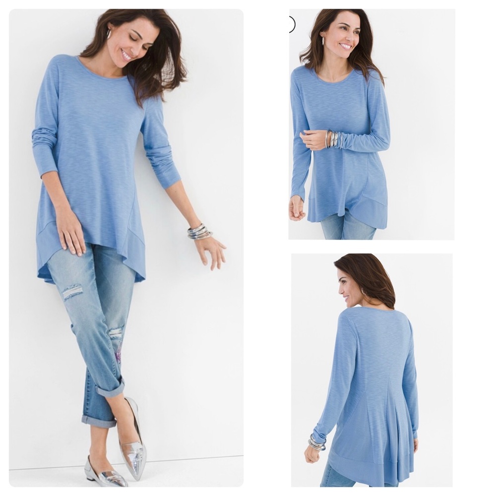 Chicos  Womens Ribbed Knit Long Sleeve Blue Tunic Top Size L